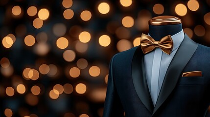 An elegant suit showcased prominently, complemented by a luxurious gold bow tie, set against a dazzling shimmering bokeh backdrop at a grand gala event