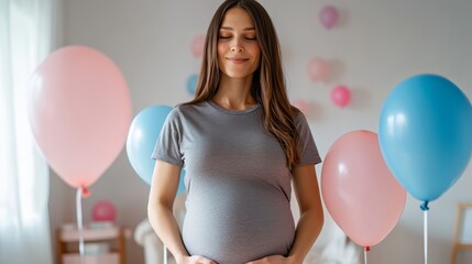 Pregnant Woman at Gender Reveal Party Celebrating Baby's Arrival with Balloons
