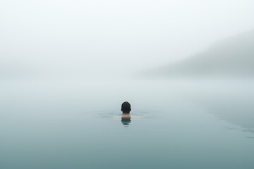 Obraz premium Solitude in Still Waters: Serene scene of a person swimming in a foggy lake, embracing the tranquility of nature and personal reflection.