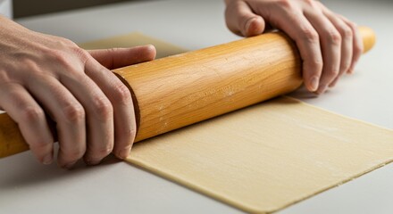 Rolling dough with wooden rolling pin on white surface at table