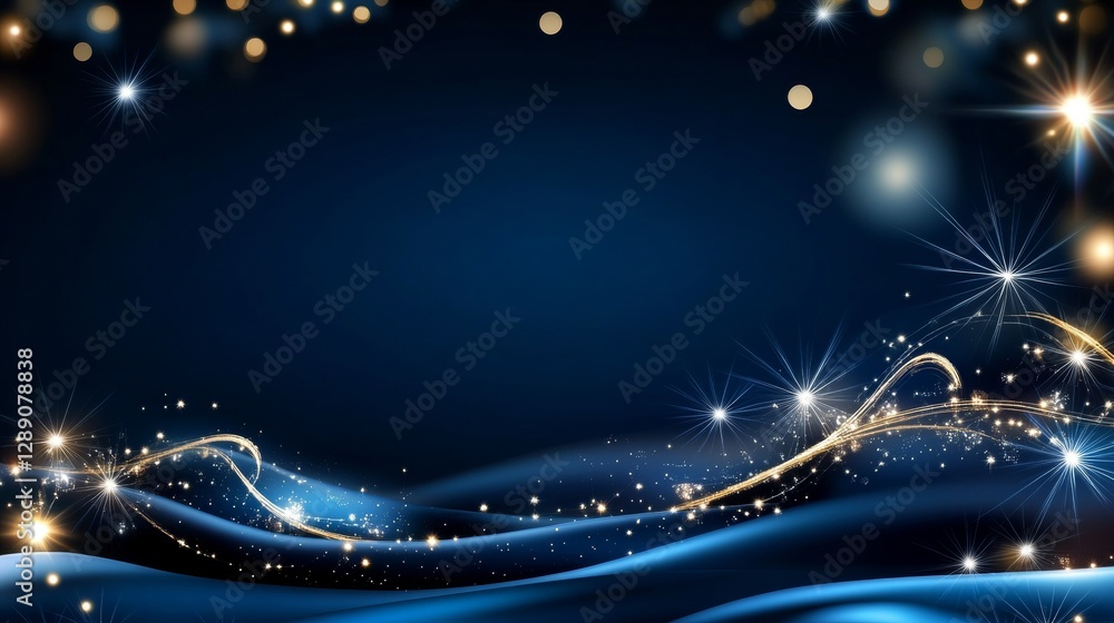 Poster Dynamic blue waves with sparkling stars at night abstract background design digital art artistic environment close-up view concept of serenity and wonder