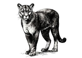 Black sketch puma, vintage wildlife art, trendy animal drawing, hand-drawn puma on white background, wall decor, nature-inspired art, retro animal print, nature artwork.