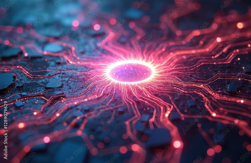 Poster quantum gate operation visual representation shows red energy beams spreading from center node. tech