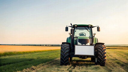 Large green tractor with a blank license plate on a rural field at sunset. Agricultural machinery in a scenic countryside landscape.