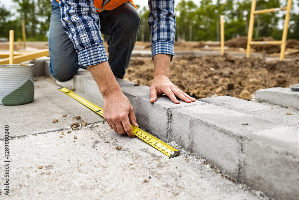 Poster worker kneeling on a construction site is measuring concrete blocks with a tape measure. the area ha