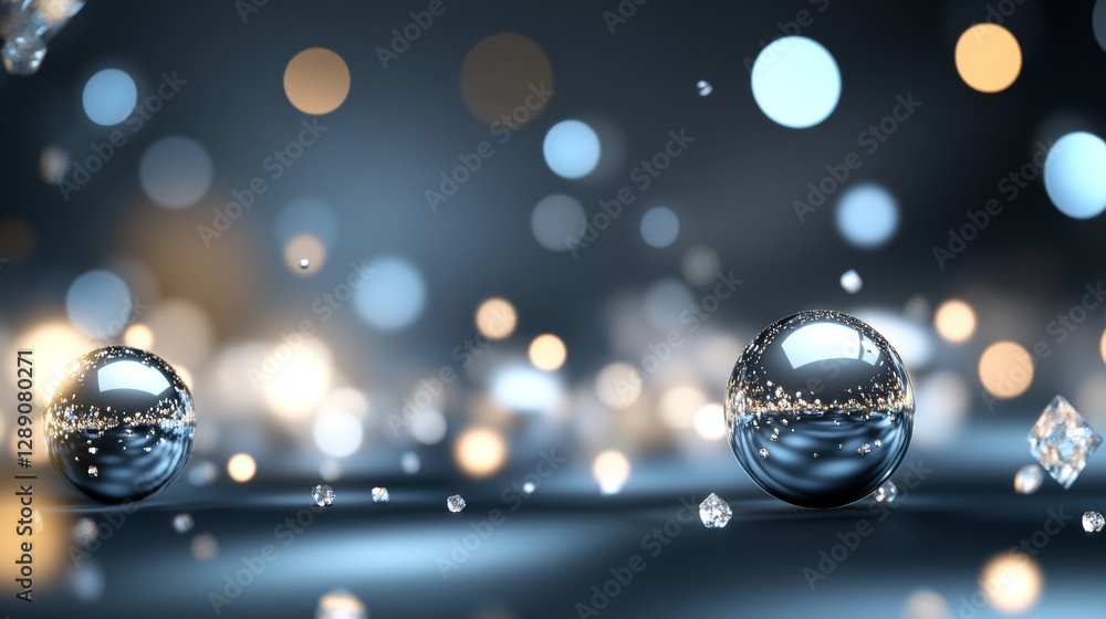 Poster Dynamic reflection of shiny spheres and bokeh lights abstract photography studio setting close-up view visual harmony concept for seo impact