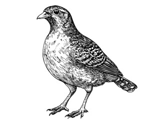Hand-drawn quail art in old engraving style, vintage wildlife print, black sketch on white background.