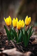 Fototapeta premium A group of bright yellow flowers sprouting from the earth, symbolizing growth and renewal