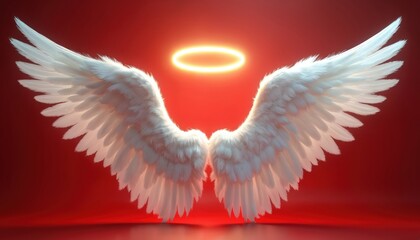 Isolated white angel wings with glowing gold halo floating on sexy red background. Divine ethereal feathers symbolize flight, freedom. Represents purity, love, hope, protection, serenity,