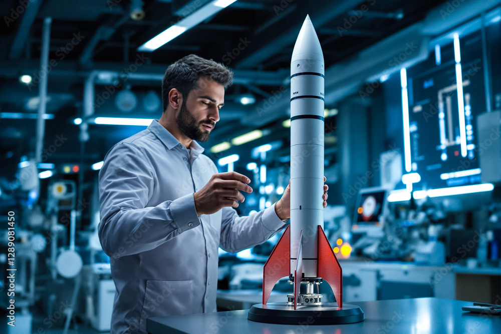 Poster engineer is carefully assembling a model rocket in a well-lit laboratory filled with advanced equipm