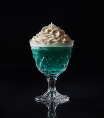 A beautifully crafted green cocktail placed on a black surface, the striking contrast emphasizing the vibrant hue and creating a chic, modern atmosphere for a stylish drink.

