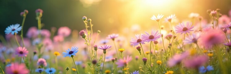 Fototapeta premium Wildflowers meadow in bright sunlight. Field with pink, purple, yellow daisies, green grass foliage. Floral landscape beauty, warm summer sunset sunrise, colorful vibrant nature, romantic blossom,
