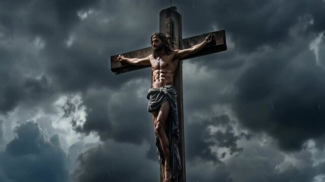 A man is crucified on a cross in a stormy sky. The scene is dark and moody, with the man's bare chest and arms exposed, emphasizing his vulnerability. The stormy sky adds to the sense of danger