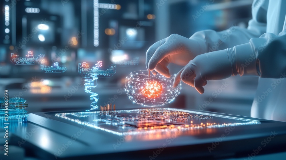 Poster innovative scientific discovery in a high-tech laboratory futuristic insights on quantum computing d