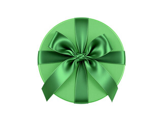 Green round gift box on top view with green silk ribbon bow isolated on transparent background