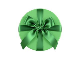 Green round gift box on top view with green silk ribbon bow isolated on transparent background