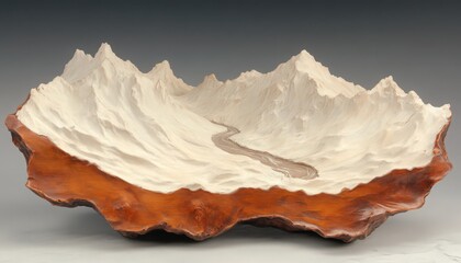 Fototapeta premium Abstract ceramic sculpture depicting a landscape with a river. The piece is predominantly off-white and features a reddish-brown border