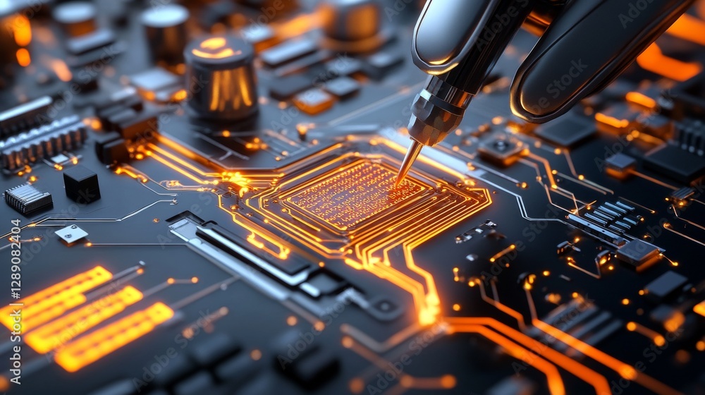 Poster electronics innovation technicians enhance circuit boards high-tech workshop close-up futuristic env