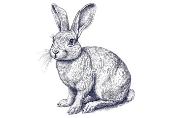 Hand-drawn rabbit art, vintage style, black sketch effect, wildlife illustration, trendy wall decor, old engraving, nature art, white background, animal drawing.