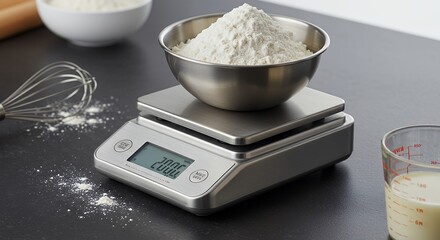 Weighing Flour on Digital Kitchen Scale for Baking Preparation