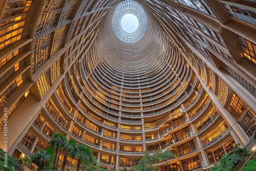 Poster aerial view of a circular skyscraper atrium with dramatic lighting through glass dome captured from 