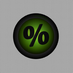 Illustration of a green percent symbol, inside a glossy dark round button.