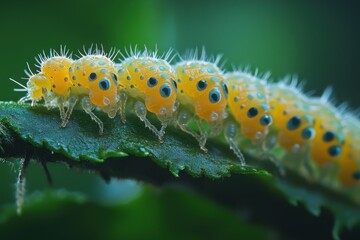Naklejka premium Vibrant yellow caterpillar with blue eyes crawls on a green leaf.