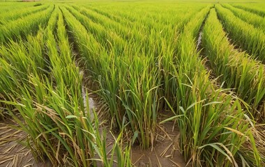 Fototapeta premium A field of ripe rice with a beautiful blue sky in the background