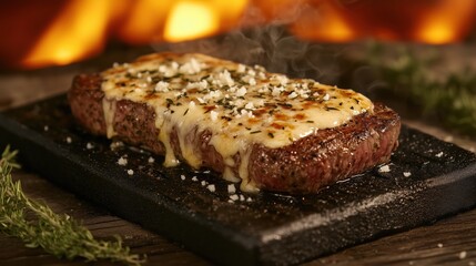 A sizzling beef steak sears on the grill, topped with gooey melted cheese and fresh herbs, releasing a mouthwatering aroma.