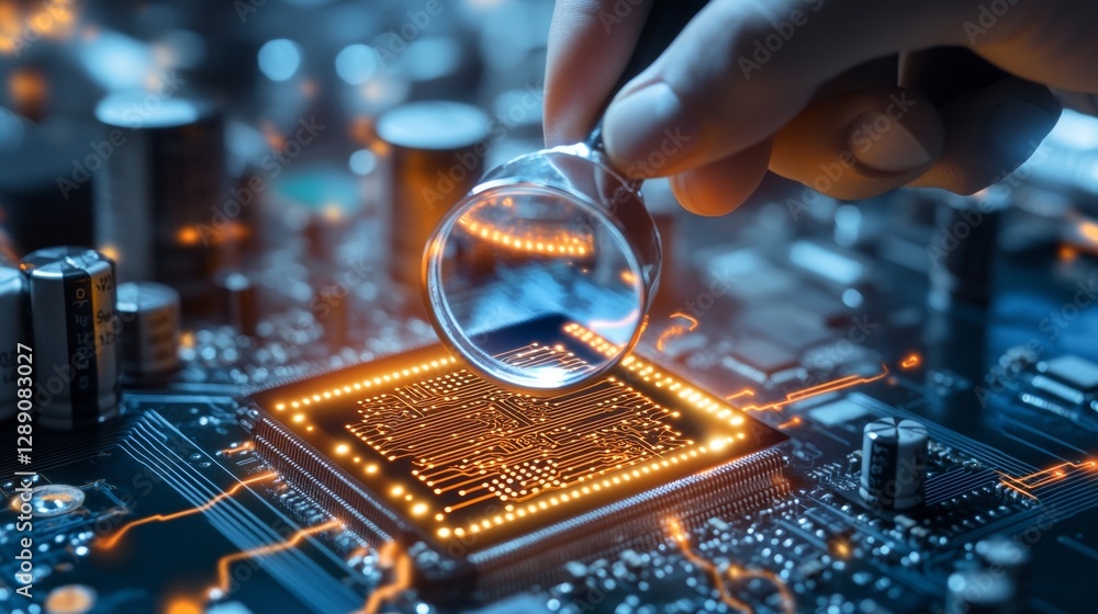 Poster exploring the intricacies of circuit board technology through a magnifying glass technology lab macr