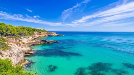 Fototapeta premium Serene Coastal Cliffs and Turquoise Waters - Stunning view of a picturesque coastline with clear turquoise water, rocky cliffs, and lush green vegetation under a vibrant blue sky