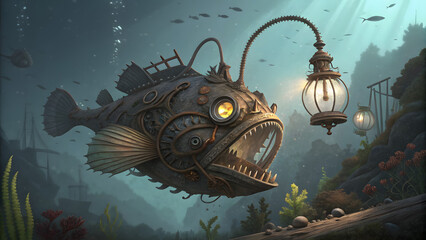 steampunk-inspired anglerfish with a mechanical, gear-filled body and a glowing, brass-and-glass lure