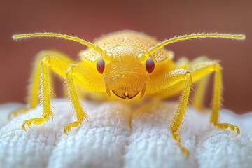Fototapeta premium Close-up of a vibrant yellow insect with intricate details, perched on a textured white surface.