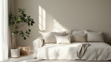 A cozy living room featuring a serene beige sofa adorned with multiple cushions, accented by natural light and a potted plant for a calming atmosphere.