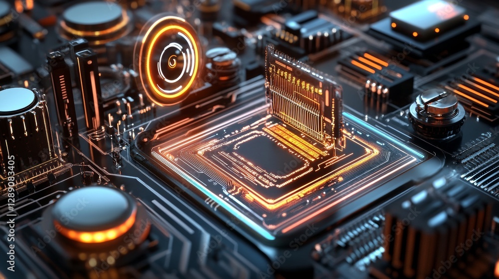 Poster innovative technology event showcasing advanced microchip designs virtual environment digital art fu