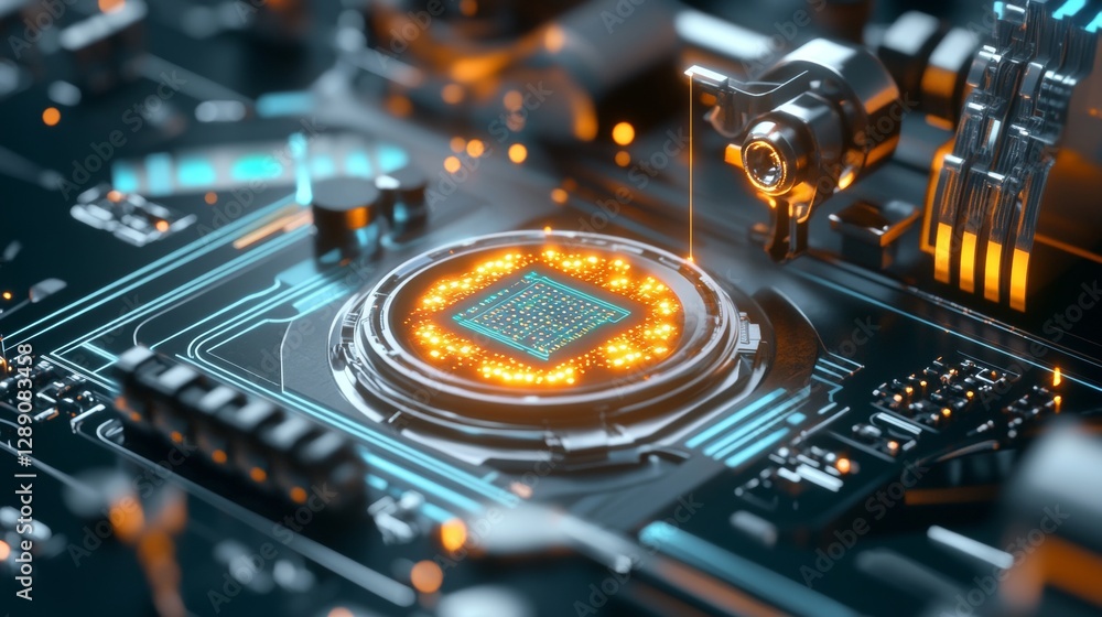 Poster exploring innovative technology design futuristic laboratory digital art high-tech environment close