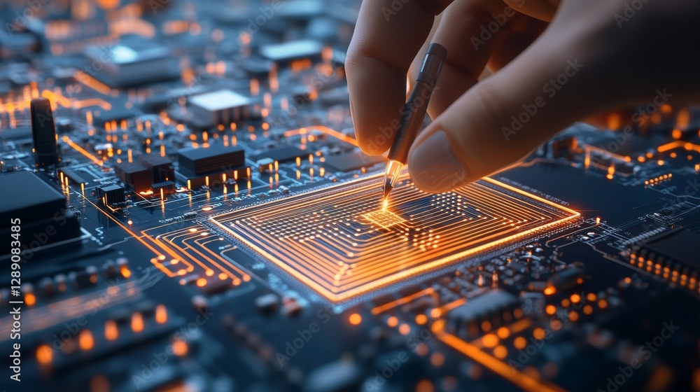 Poster precision engineering action hand adjusting microchip on circuit board technology lab close-up shot 