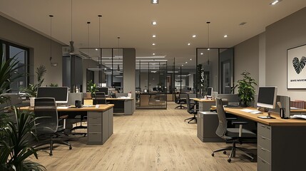 Modern office interior at night, desks, plants