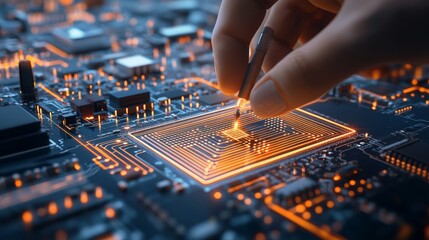 Precision engineering action hand adjusting microchip on circuit board technology lab close-up shot high-tech environment innovative focus