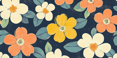 Floral pattern with blossoms in yellow, peach, and cream, set against a textured dark blue backdrop with artistic leaf accents.