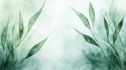 Serene Green Leaves Watercolor - Tranquil watercolor painting of delicate green leaves on a soft, misty background. Perfect for nature-themed designs