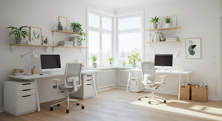 Bright Home Office Setup with Desk Chairs and Natural Light