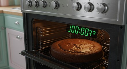 Baking cake in oven with digital timer indicating one hundred hours