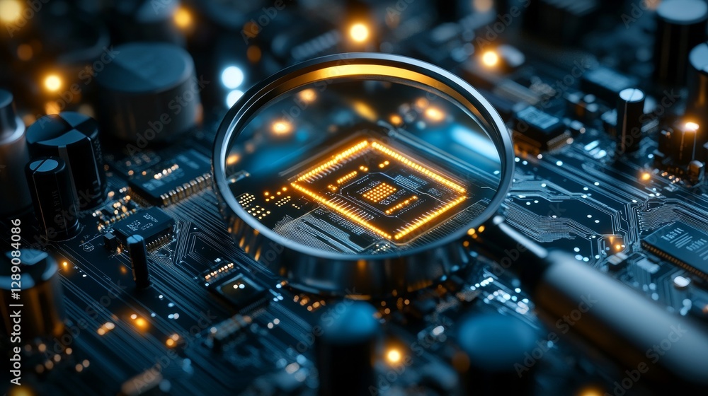Poster exploring advanced microchip technology circuit board inspection tech lab digital photography high-t