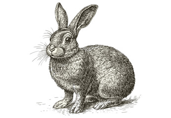 Black sketch effect rabbit art, hand-drawn vintage style, wildlife illustration, trendy wall decor, old engraving, animal art, white background, nature decor, rustic print.