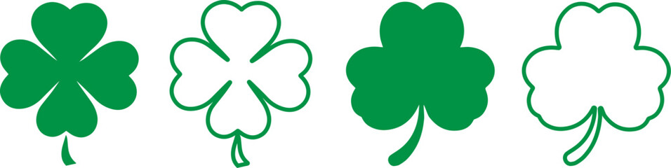 The shamrock icon. St patrick's day symbol.Green clover icon sign. Four and three leaves clover. Lucky four . Shamrock clover leaf symbol . 4-leaf clover.