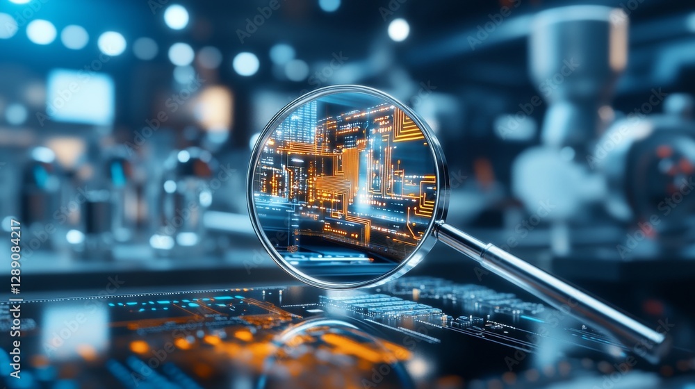 Poster exploration of advanced circuitry through a magnifying lens in a high-tech laboratory close-up view 