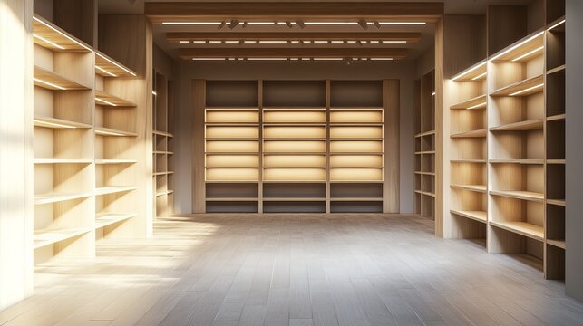 A 3D illustration showcasing a shop's interior with unstocked shelving units
