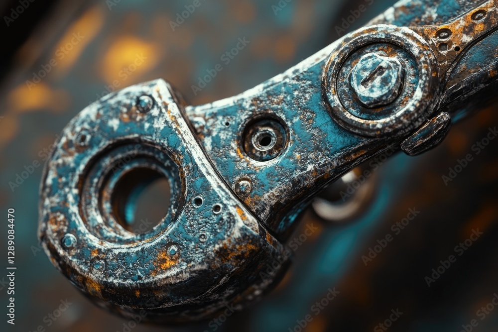 Poster a close-up photo of a wrench lying on a table, ideal for use in diy or toolbox context