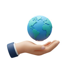 Hand holding planet earth 3D rendered icon isolated on transparent background 